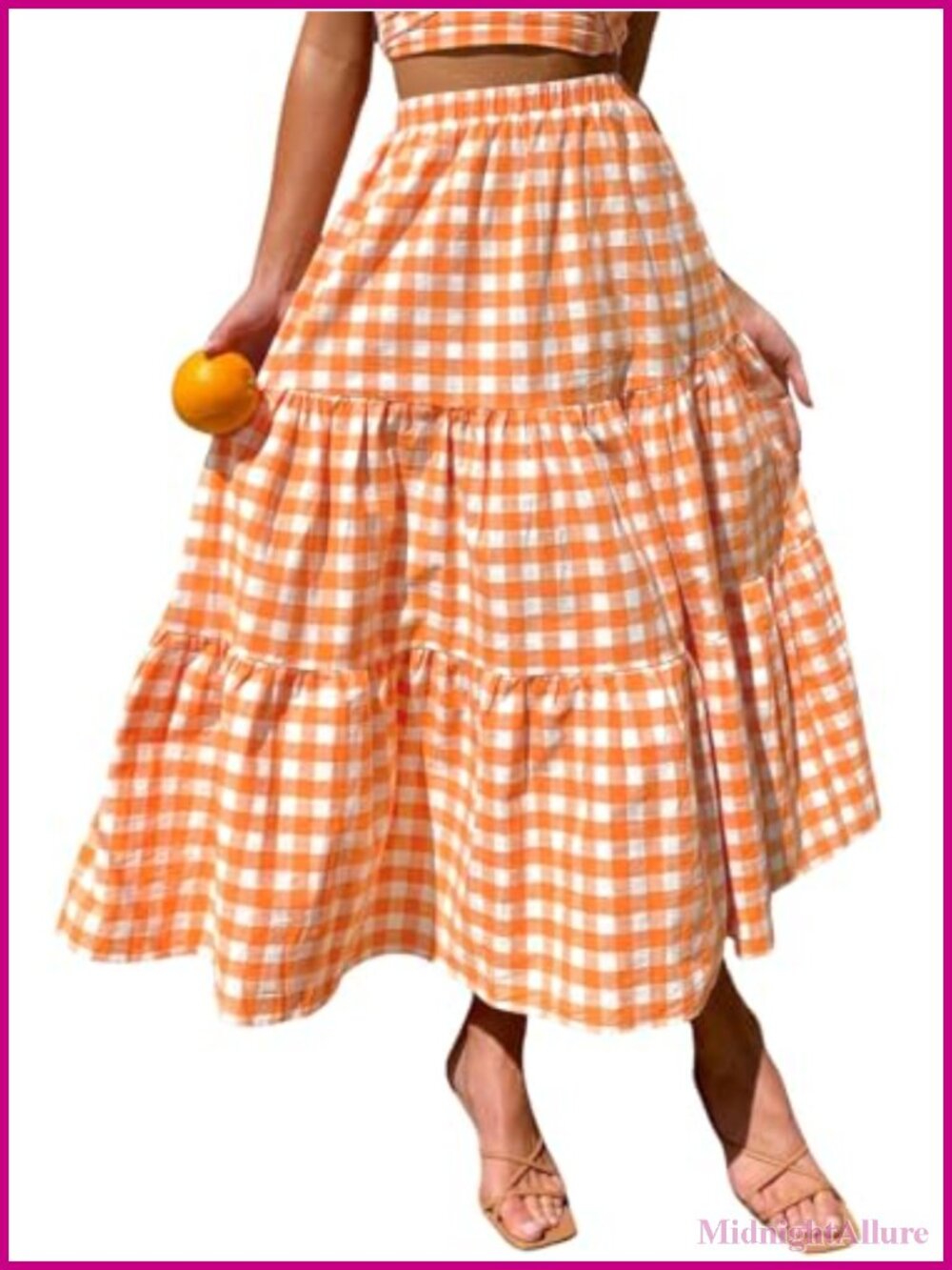 100% Cotton Tiered Maxi Skirt with Pockets High Waist Boho Gingham